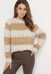 Beżowy Sweter z Ażurowej Dzianiny w Szerokie Paski z Metaliczną Nitką Cassaphne. Brązowe swetry Born2be, w ażurowe wzory, z dzianiny, bez ramiączek. W wyprzedaży za 84.99 zł.