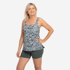Strój jednoczęściowy pływacki damski Nabaiji Heva Ondu tankini i szorty. Zielone szorty sportowe Decathlon, bez wzorów, z elastanu, do pływania. Za 99.99 zł.