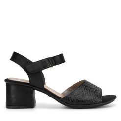Sandały Rieker. Czarne sandały Rieker, bez wzorów, bez obcasa, na słupku, bez zapięcia. Za 299.99 zł.