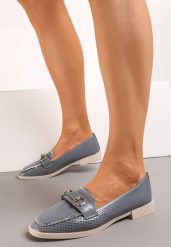 Niebieskie Półbuty w Stylu Loafersów z Perforacją Drobnymi Cyrkoniami i Klamrą Keryth. Niebieskie półbuty wsuwane Renee, z aplikacjami, z bawełny, eleganckie, z okrągłym noskiem, bez obcasa, na płaskiej podeszwie. W wyprzedaży za 83.99 zł.