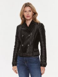 Guess Kurtka z imitacji skóry Olivia Moto Jacket W3YL25 WFIR2 Czarny Regular Fit. Czarne kurtki Guess, xs, z aplikacjami, ze skóry, bez kaptura. Za 499.99 zł.
