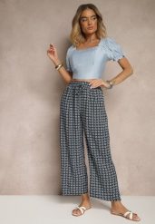 Czarno-Granatowe Spodnie o Szerokim Kroju High Waist z Geometrycznym Wzorem Farisia. Czarne jeansy Renee, l, bez wzorów, z bawełny, eleganckie, z podwyższonym stanem. W wyprzedaży za 20.99 zł.