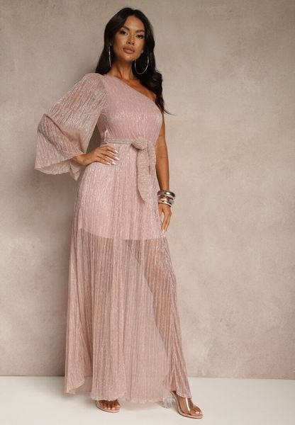 Różowa Asymetryczna Sukienka z Metalicznymi Przeszyciami i Wiązanym Paskiem Arhellia. Czerwone sukienki Renee, bez wzorów, klasyczne, z asymetrycznym kołnierzem, bez ramiączek, maxi, asymetryczne. Za 189.99 zł.