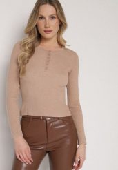 Beżowy Sweter z Wiskozą Zdobiony Metaliczną Nicią i Guzikami przy Dekolcie Lianola. Brązowe swetry Born2be, s, z aplikacjami, z dzianiny, bez ramiączek. Za 79.99 zł.