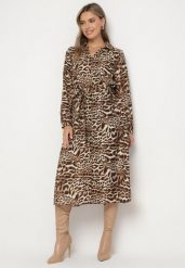 Brązowa Sukienka z Wiskozą o Koszulowym Kroju z Wiązanym Paskiem w Panterkę Raivenne. Brązowe sukienki Born2be, l, bez wzorów, z wiskozy, eleganckie, bez kołnierzyka, bez ramiączek, midi, koszulowe. W wyprzedaży za 127.49 zł.