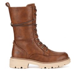 Botki Mustang. Brązowe botki Mustang, bez wzorów, bez obcasa, na płaskiej podeszwie, bez zapięcia. Za 279.99 zł.