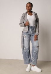 Niebieskie Bawełniane Jeansy Balloon z Wysokim Stanem i z Prztarciami Dziurami Typhaea. Niebieskie jeansy Born2be, m, bez wzorów, z bawełny, eleganckie, z podwyższonym stanem. Za 119.99 zł.