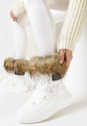 Białe Śniegowce na Platformie z Futerkiem i Wiązaniem Eudaim. Białe śniegowce Born2be, bez wzorów, bez zapięcia. Za 69.99 zł.