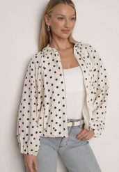 Jasnobeżowa Bluza w Groszki z Wiskozą o Nietoperzowym Kroju z Kołnierzykiem Rayo. Brązowe bluzy Born2be, l, bez wzorów, z jeansu, bez kaptura. Za 199.99 zł.