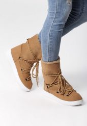 Beżowe Śniegowce Moonlight Dance. Brązowe śniegowce Born2be, bez wzorów, z jeansu, przed kolano, bez zapięcia. Za 49.99 zł.