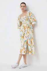 GAP sukienka lniana kolor żółty mini rozkloszowana. Żółte sukienki GAP, l, bez wzorów, z tkaniny, bez kołnierzyka, bez ramiączek, mini, rozkloszowane. Za 439.99 zł.