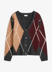 Kardigan ze wzorem żakardowym. Szare swetry bonprix, bez wzorów, z żakardem, bez ramiączek. Za 159.99 zł.