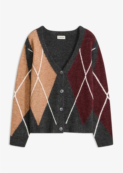 Kardigan ze wzorem żakardowym. Szare swetry bonprix, bez wzorów, z żakardem, bez ramiączek. Za 159.99 zł.