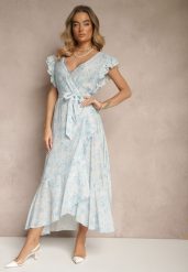 Niebieska Asymetryczna Sukienka z Bawełny z Falbankami i Kwiatowym Printem Lommea. Niebieskie sukienki Renee, na co dzień, l, bez wzorów, z bawełny, eleganckie, z asymetrycznym kołnierzem, bez ramiączek, midi, asymetryczne. W wyprzedaży za 127.99 zł.