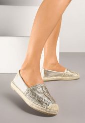 Złote Espadryle z Ozdobną Plecionką na Cholewce w Stylu Boho Adisella. Żółte espadryle Renee, bez wzorów, z jeansu, boho, bez obcasa. W wyprzedaży za 38.99 zł.