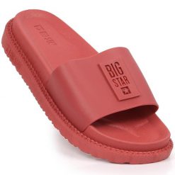 Klapki damskie na platformie czerwone Big Star LL274430. Czerwone klapki BIG STAR, bez wzorów, z materiału, retro, bez obcasa, na platformie, bez zapięcia. Za 119.99 zł.