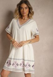 Fioletowa Pudełkowa Sukienka z Bawełny w Hafty w Stylu Boho Felkio. Fioletowe sukienki Renee, na co dzień, l, bez wzorów, z bawełny, boho, bez kołnierzyka, bez ramiączek, mini, proste. W wyprzedaży za 107.99 zł.