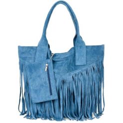 Shopperka boho skórzana VERA PELLE L83 niebieska. Niebieskie torebki klasyczne z aplikacjami, z materiału, boho, zamszowe, bez dodatków. Za 175.99 zł.