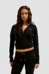 JUICY COUTURE Czarna bluza damska Single Jersey Ola Hoodie. Czarne bluzy Juicy Couture, s, bez wzorów, z jersey, bez ramiączek, bez kaptura. W wyprzedaży za 276.99 zł.