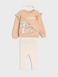 Bawełniany komplet; bluza, legginsy i opaska Bambi - beżowy. Brązowe legginsy sportowe Sinsay, l, bez wzorów, z bawełny. Za 29.99 zł.