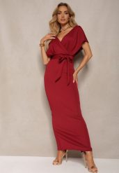 Bordowa Sukienka Koktajlowa z Trójkątnym Dekoltem i Materiałowym Paskiem z Rozcięciem Wilni. Czerwone sukienki Renee, na co dzień, s, bez wzorów, z materiału, eleganckie, bez kołnierzyka, bez ramiączek, maxi, proste. W wyprzedaży za 111.99 zł.