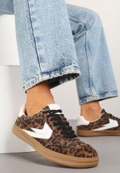 Panterkowe Skórzane Sneakersy Tenisówki z Geometrycznym Wzorem Mirathe. Białe trampki Born2be, bez wzorów, biznesowe, bez zapięcia. W wyprzedaży za 144.49 zł.