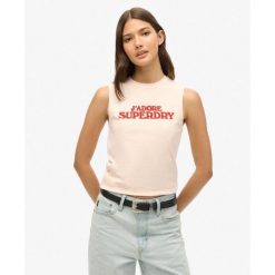 Luksusowy, dopasowany top sportowy z grafiką. Fioletowe bielizna termoaktywna damska Superdry, bez wzorów, bez ramiączek, na fitness i siłownię. W wyprzedaży za 144.35 zł.