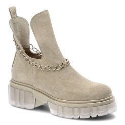 Botki damskie Lemar, z wycięciami po bokach ozdobnym łańcuszkiem przy cholewce oraz masywną wyraźnie profilowaną podeszwą, beżowe, 30065-W. Brązowe botki Lemar, bez wzorów, klasyczne, bez obcasa, bez zapięcia. Za 269.00 zł.