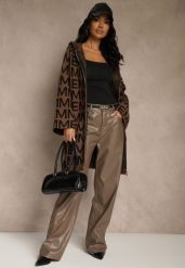 Brązowo-Czarny Kardigan na Suwak z Kapturem w Literowy Wzór Calitusa. Brązowe swetry Renee, l, bez wzorów, z jeansu, bez ramiączek. Za 109.99 zł.