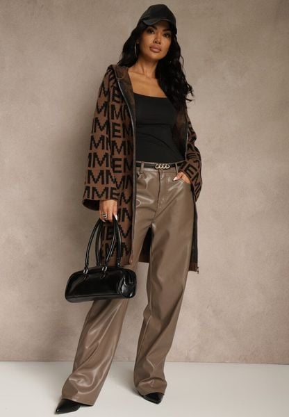 Brązowo-Czarny Kardigan na Suwak z Kapturem w Literowy Wzór Calitusa. Brązowe swetry Renee, l, bez wzorów, z jeansu, bez ramiączek. Za 109.99 zł.