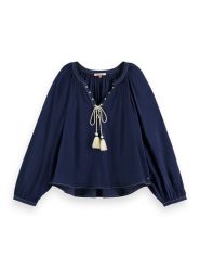 Scotch & Soda Bluzka w kolorze granatowym rozmiar: 38. Niebieskie bluzki Scotch & Soda, s, bez wzorów, z wiskozy, klasyczne, bez kołnierzyka, bez ramiączek. Za 176.50 zł.